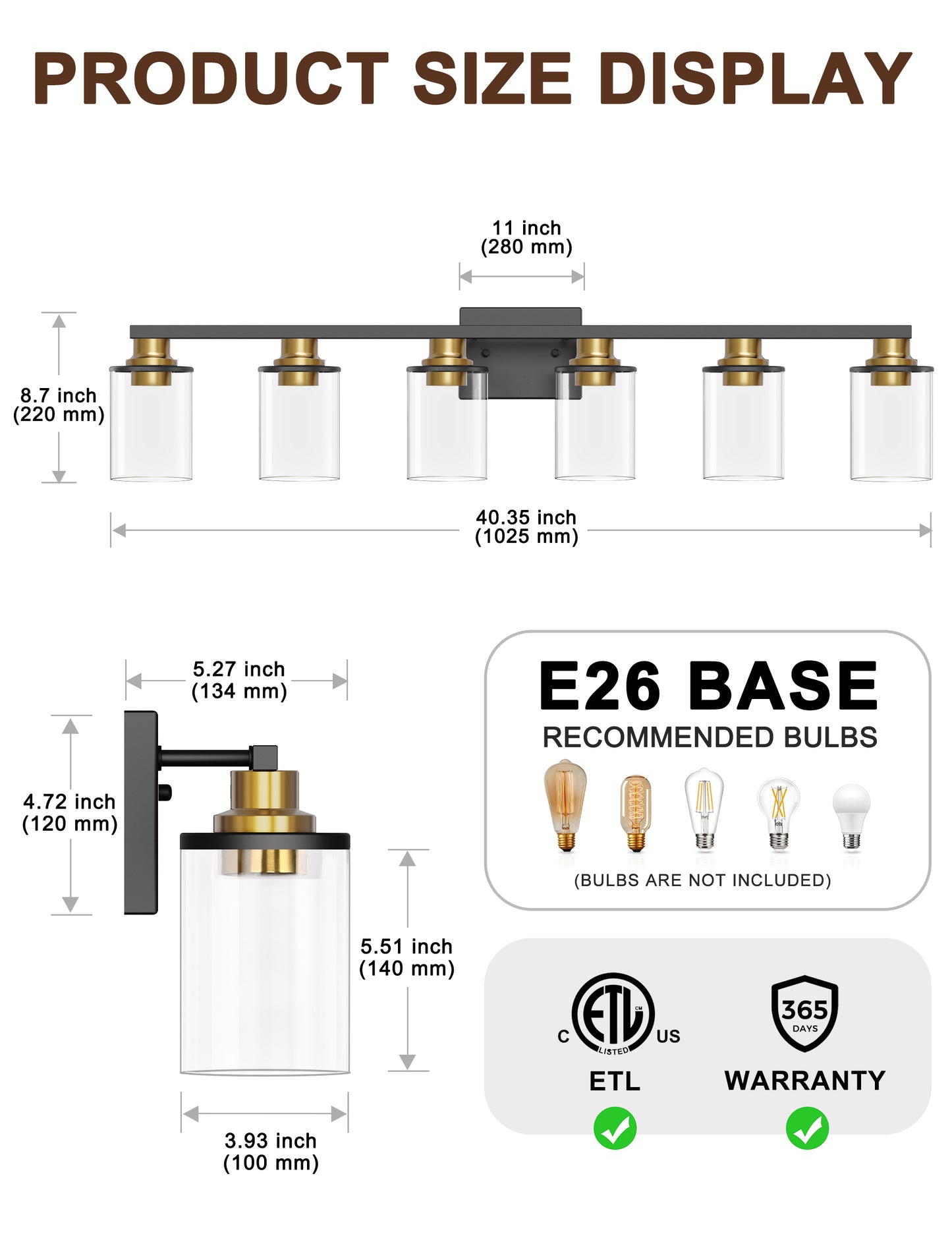 YANSUN 40 in. 6-Light Black and Gold Metal Vanity Light with Dimmable No Bulbs Included