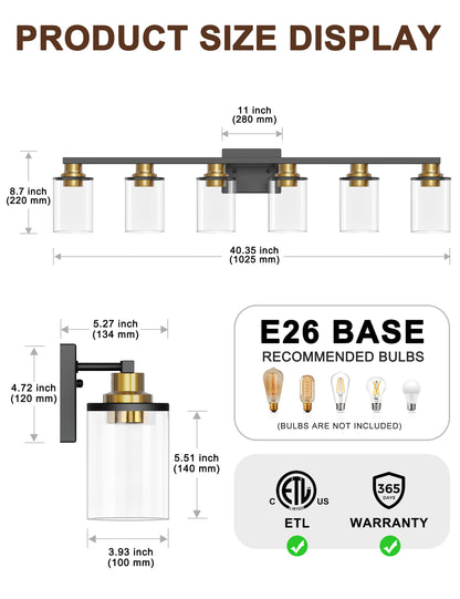 YANSUN 40 in. 6-Light Black and Gold Metal Vanity Light with Dimmable No Bulbs Included