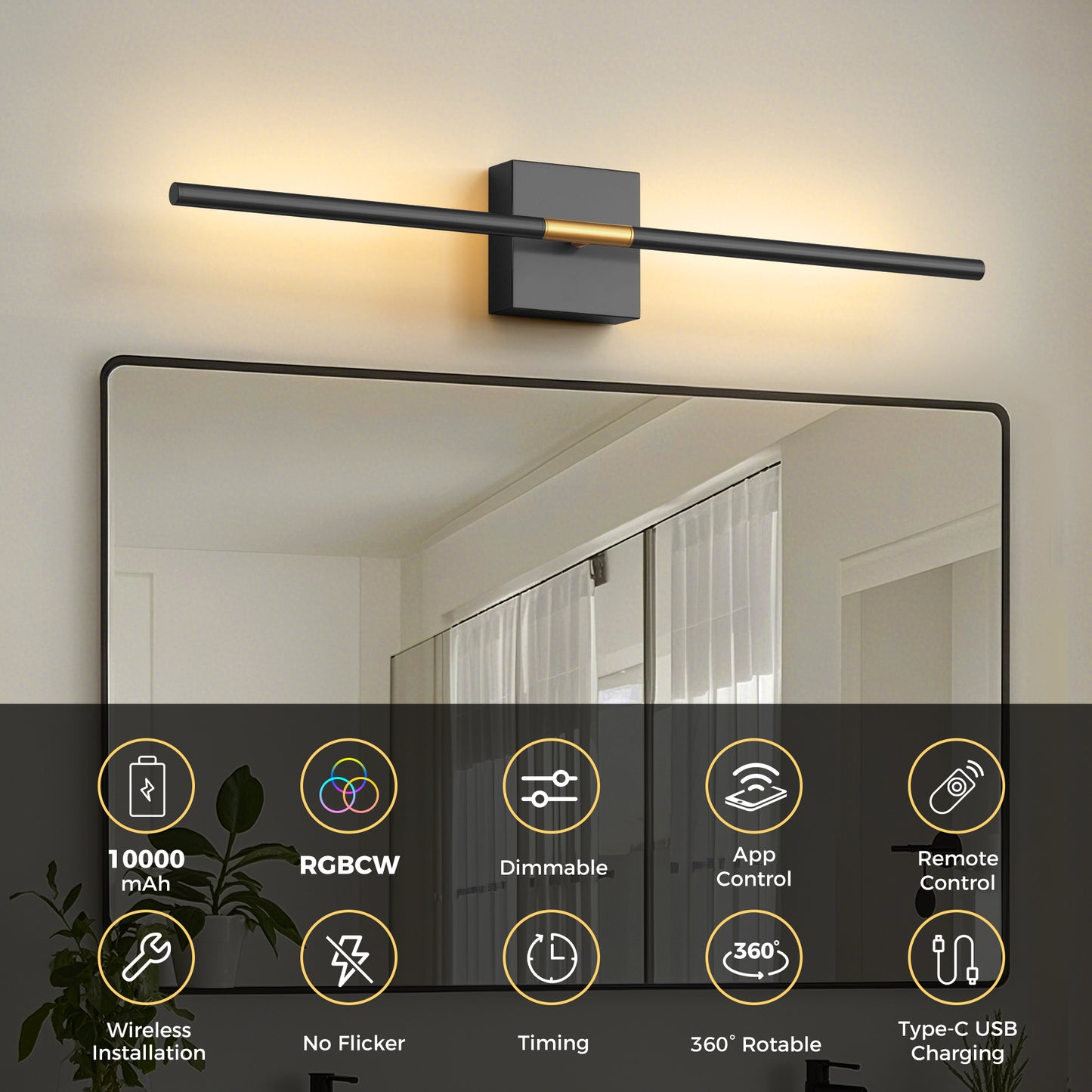 YANSUN 2-Pack Indoor Wall Lights, 1-Head LED, RGB+CCT, App & Remote Control, Music Sync, Dynamic Flow, 28.15in Rod, Gold Finish