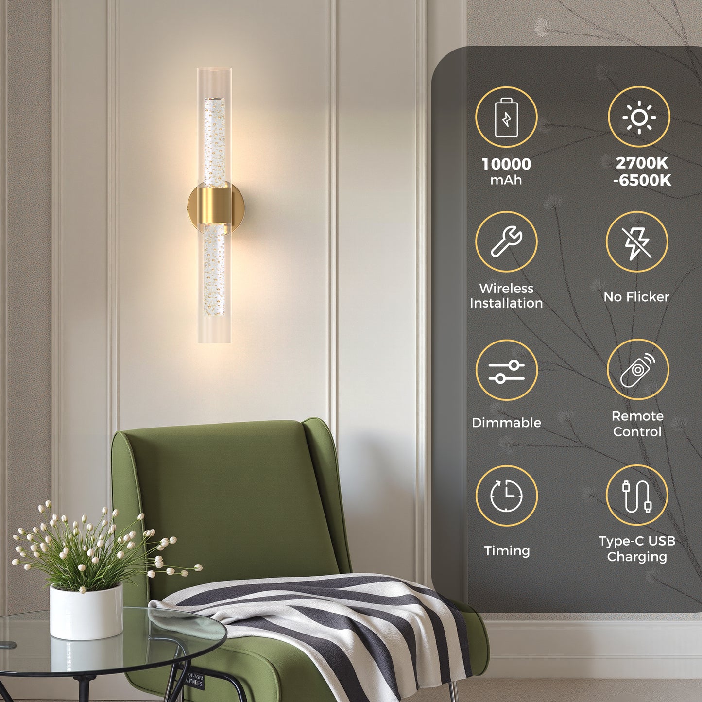 YANSUN 2-Pack Bubble Acrylic Copper LED Wall Sconce Remote Control Remote Timer Dimmable Wall Light for Living Room Hallway