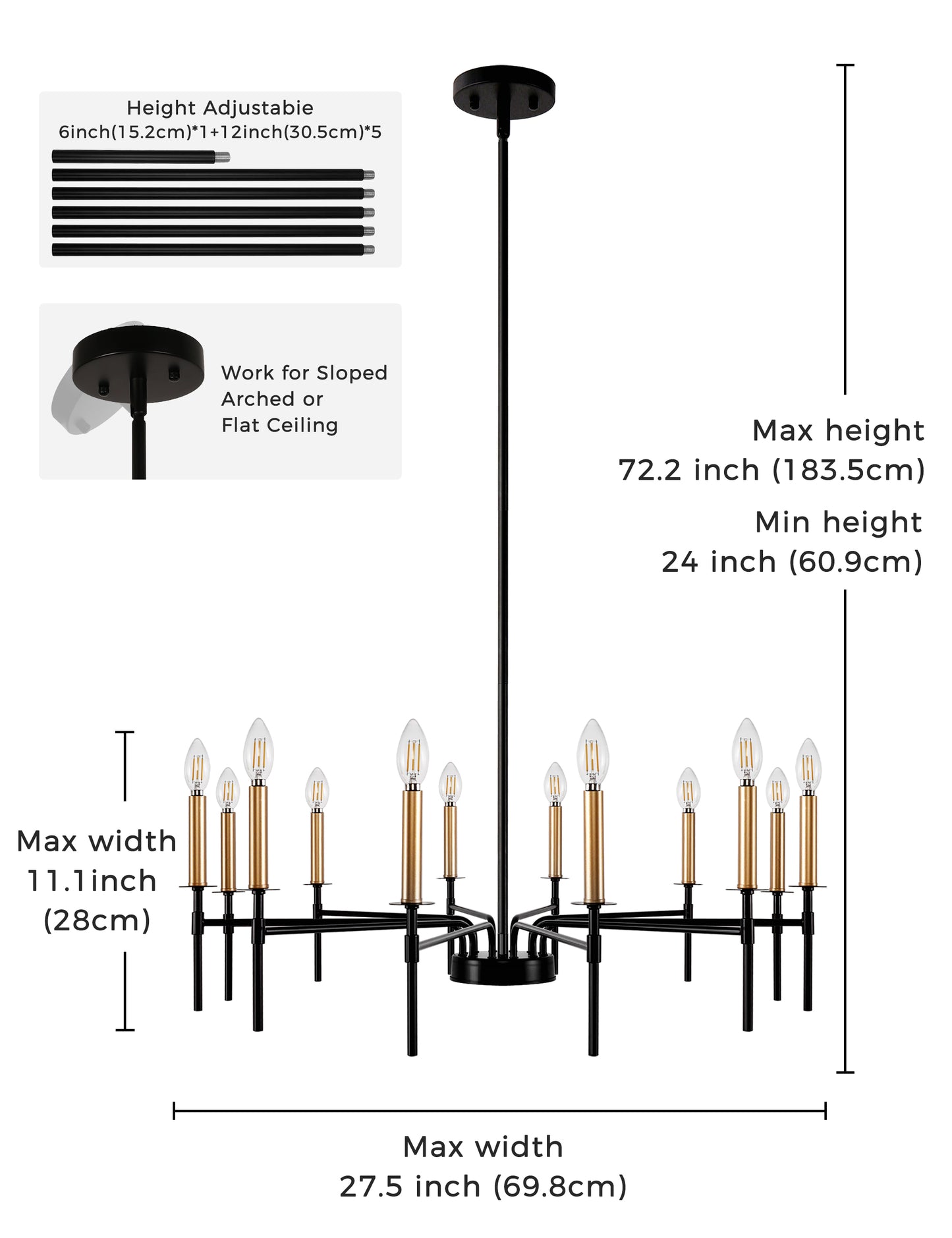YANSUN 12-Light Black Gold Pendant Chandelier Modern Ceiling Hanging Light Fixture E12