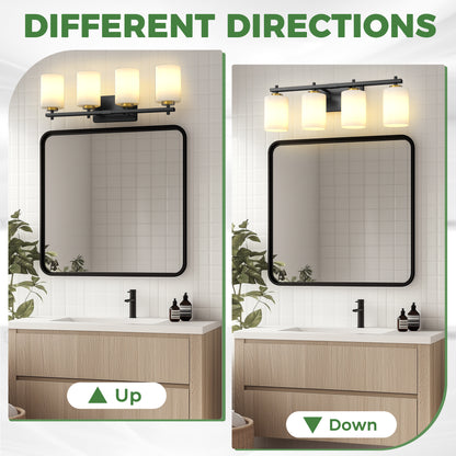 YANSUN 24 in. 4-Light Black and Gold Bathroom Vanity Light with Cylinder Frosted Glass Shade for Vanity or Dressing Room
