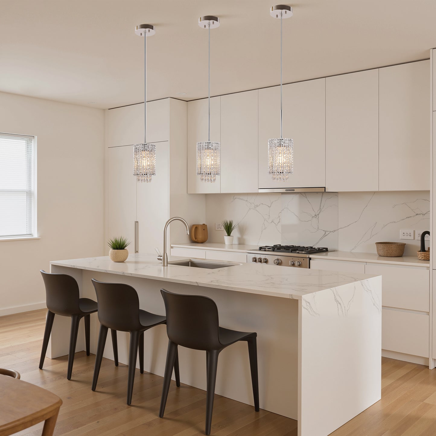 YANSUN Modern 3-Light Pendant Lighting Set, White Chrome Twisted Cylinder Aluminum Ceiling Lights 6.3in, E26 Base Indoor Kitchen Island Hanging Fixture 110-120V