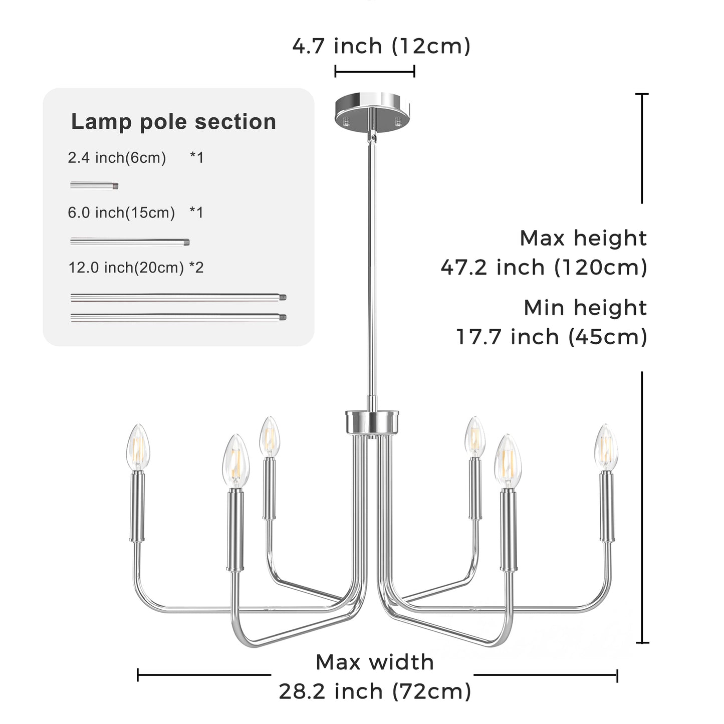 YANSUN 6-Head Chrome Traditional Chandelier - 28in E12 Metal Candelabra for Living Room Entryway, 40W Max