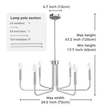 YANSUN 6-Head Chrome Traditional Chandelier - 28in E12 Metal Candelabra for Living Room Entryway, 40W Max