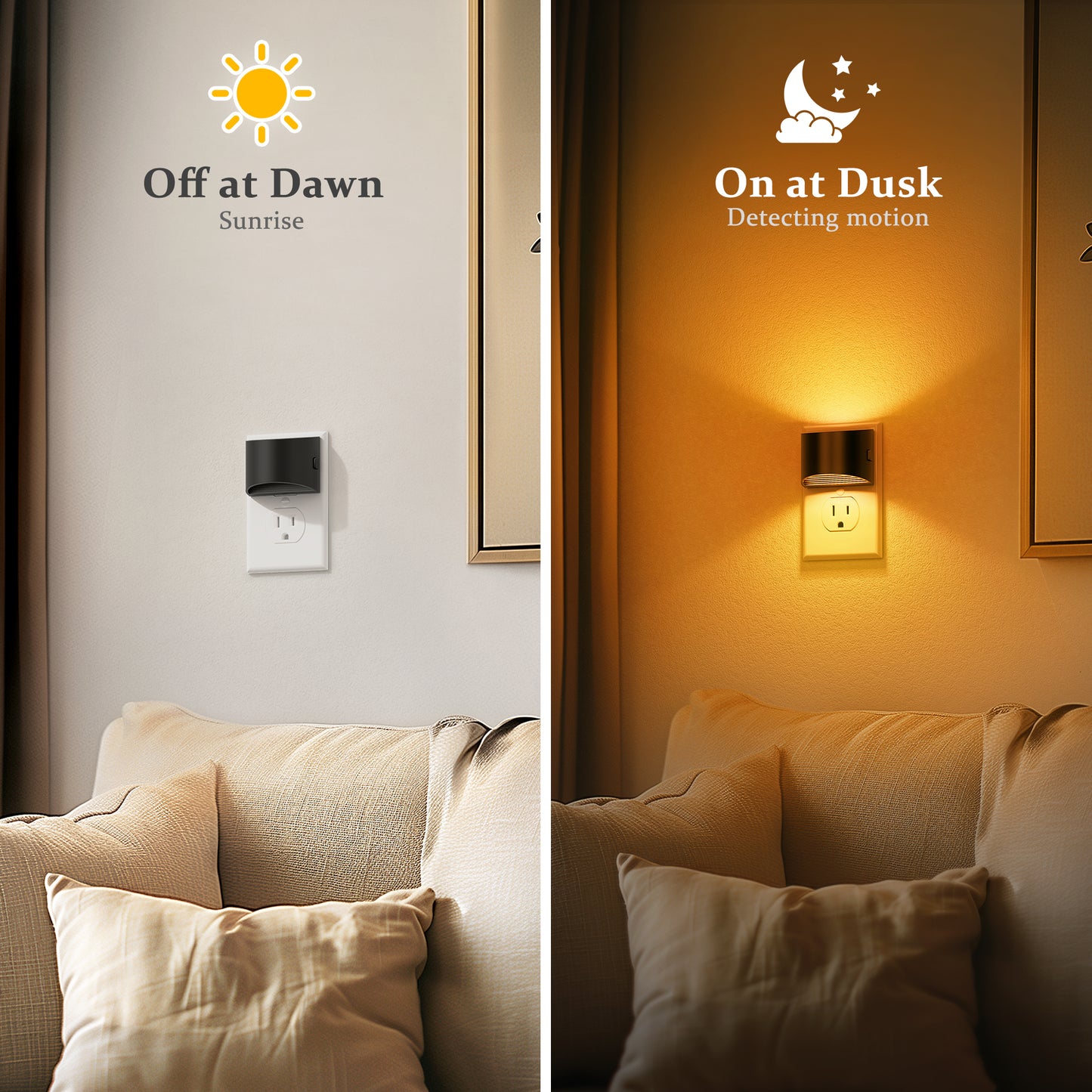 YANSUN 1-Watt Integrated LED Plug-In Semi-Crescent Wall-Like Night Light, Amber, Button Adjustable, Light Sensor, 2-Pack