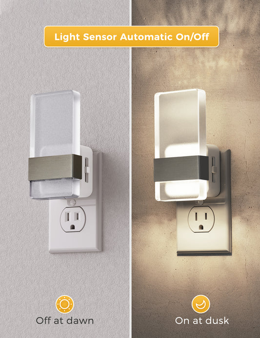YANSUN 2-Pack Plug-In Night Lights with Frosted Acrylic Columns, Brushed Nickel Finish, 5000K White Light, Dimmable