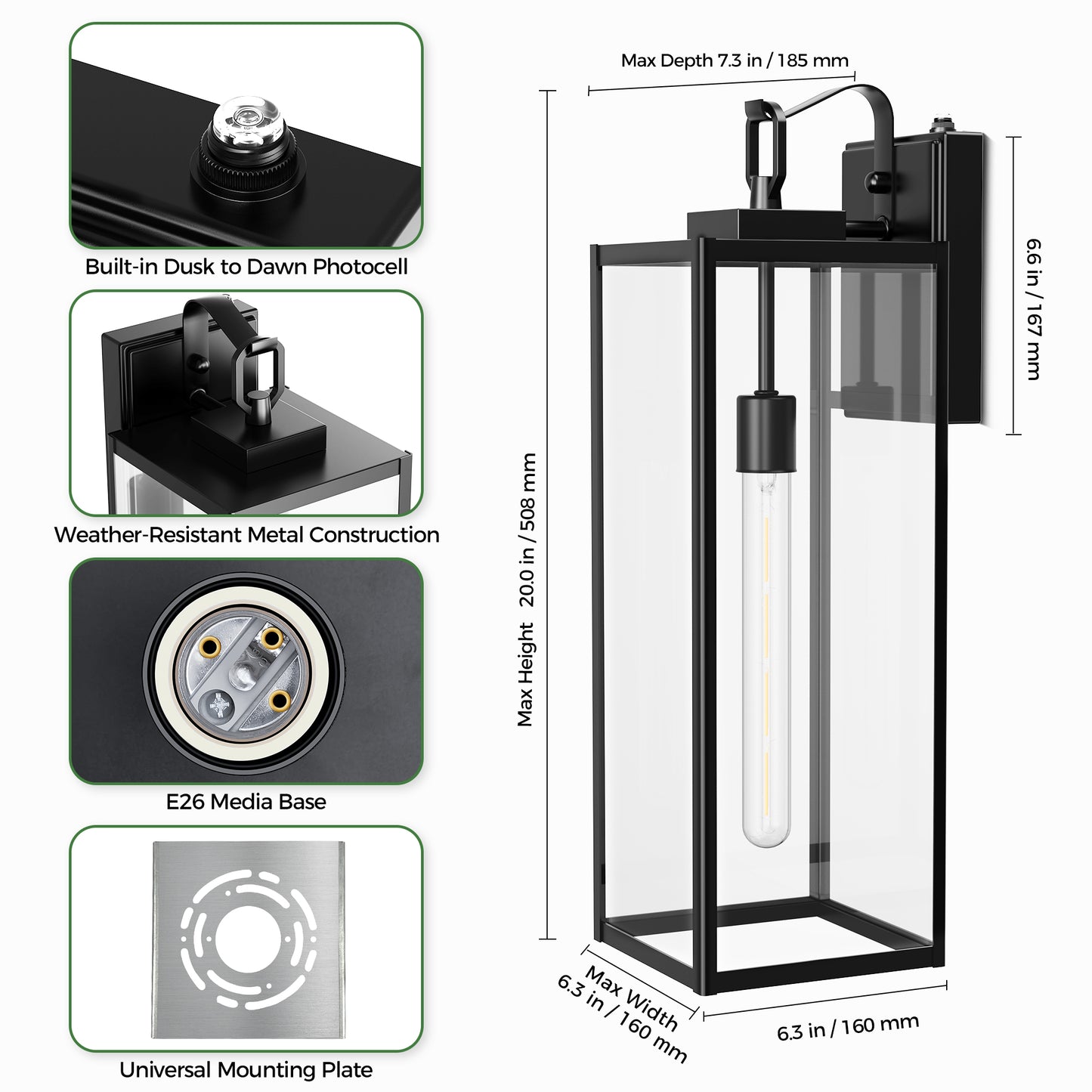 YANSUN Set of 2 Outdoor Wall Lanterns with Clear Glass Shade, Dusk-to-Dawn Sensor and 4 T30-225 Bbs, E26 Socket, 20 In. Height