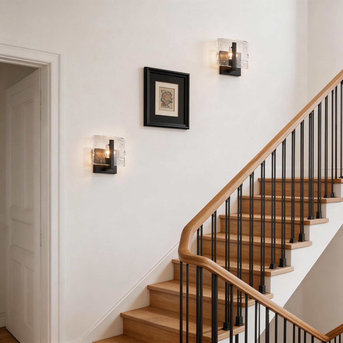 YANSUN 2-Pack 6.3 in. 1-Light Matte Black Traditional Indoor Wall Sconce with Water Ripple Glass Shade, E12 Base for Bedroom