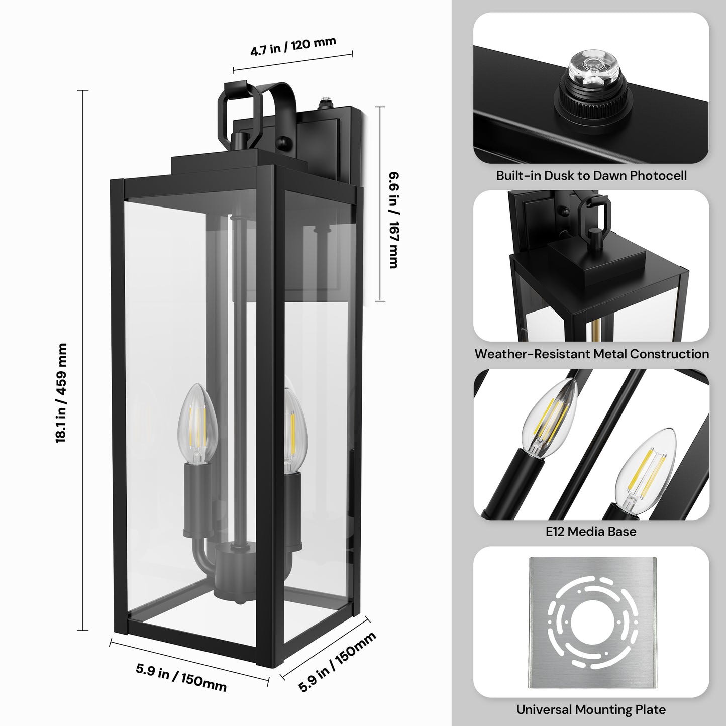 YANSUN 2-Pack Black Lantern Outdoor Wall Sconce with Motion Sensor and Clear Glass, E26 Base, IP23, No Bulbs Included