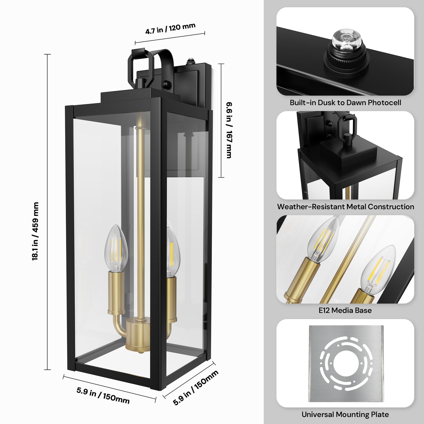 YANSUN Set of 2 Outdoor Wall Lights with Clear Glass Panels, Black & Gold Finish, Traditional Design, Light Sensor Operation