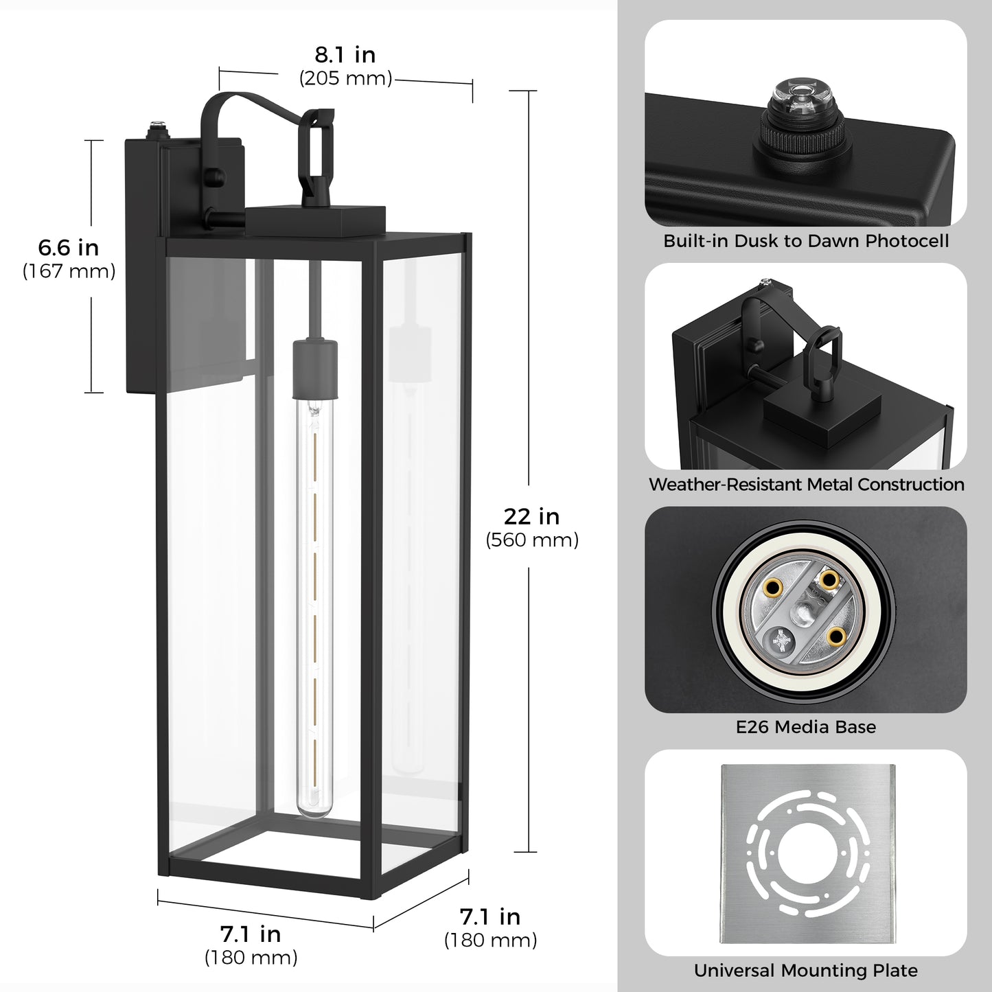 YANSUN 22 in.2-Pack Black Dusk to Dawn Lantern Outdoor Sconce Wall Light Waterproof for Porch Patio and LED T30 Bulbs Included