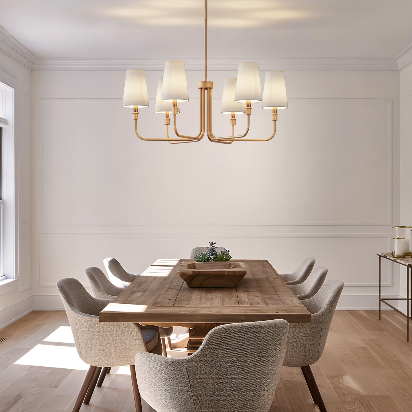 YANSUN 6-Light Chandelier with Straight Tubular Arms and Inverted Cone Fabric Shades, Gold Finish, E12 Bulbs Not Included