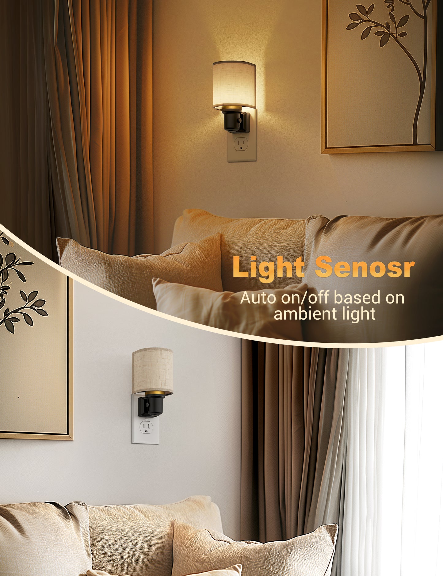 YANSUN 2-Pack 1W Dusk to Dawn Plug-in Night Lights Boho Fabric Shade 2700K Warm White LED Night Lights with Gold Ring Accent Dimmable for Bedroom Hallway