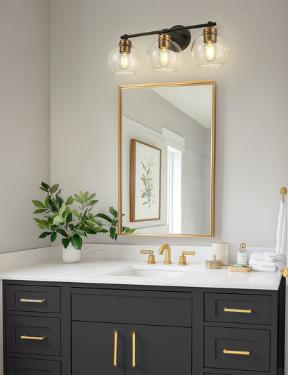 YANSUN 22 in. 3-Light Black and Gold for Bathroom Vanity Light with Clear Glass Shades Wall Sconce