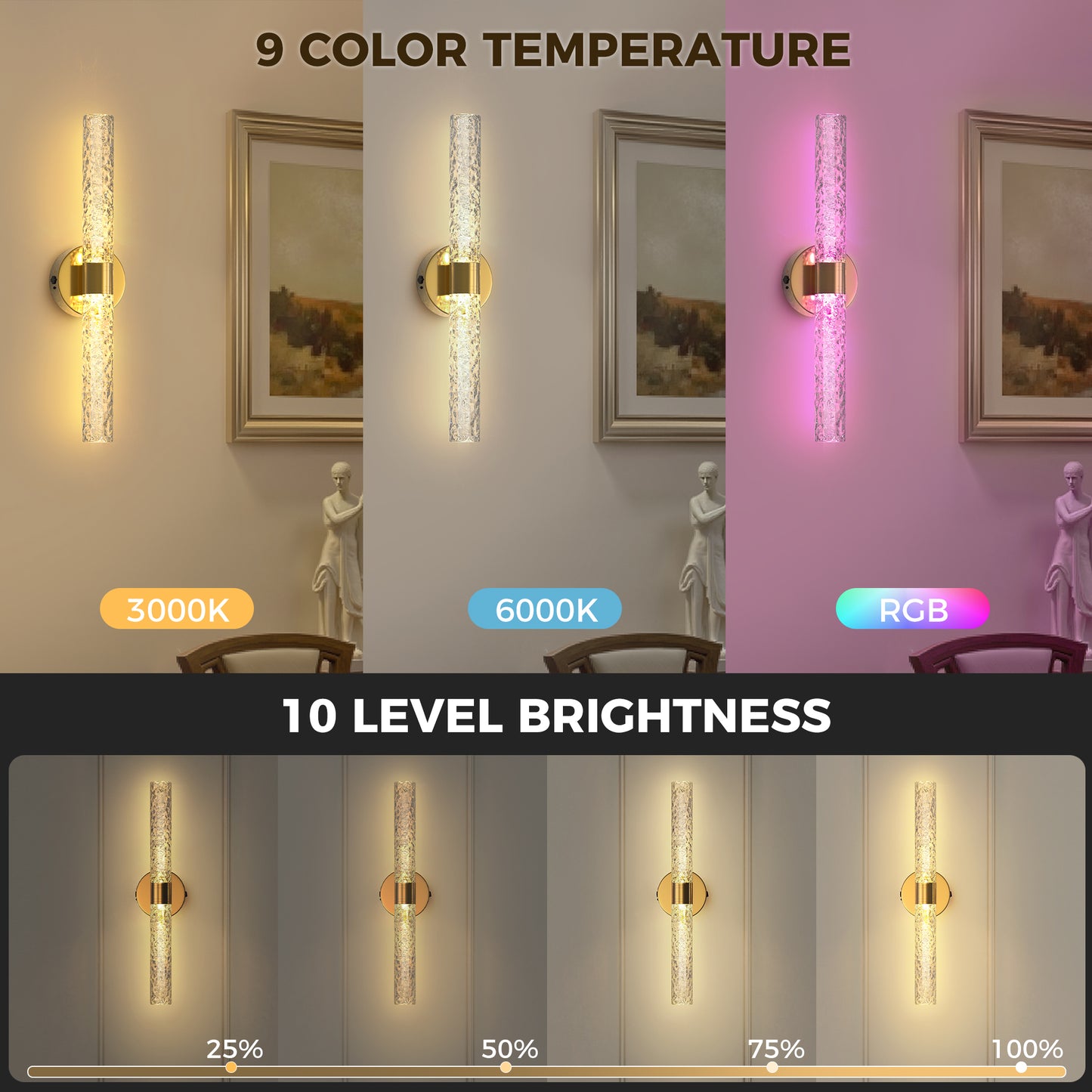 YANSUN Set of 2 Stone-Texture Glass Linear LED Indoor Wall Lights, Copper Finish, Integrated LED, RGBCW