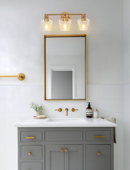 YANSUN 22 in. Gold 3-Light Vanity Light for Bathroom with Clear Wine Glass Shade and No Bulbs Included
