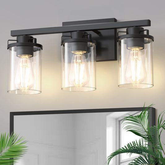 YANSUN 18 in. 3-Light Black Vanity Light with Cylinder Clear Glass Shade for Bathrooms Powder Rooms or Dressing Rooms