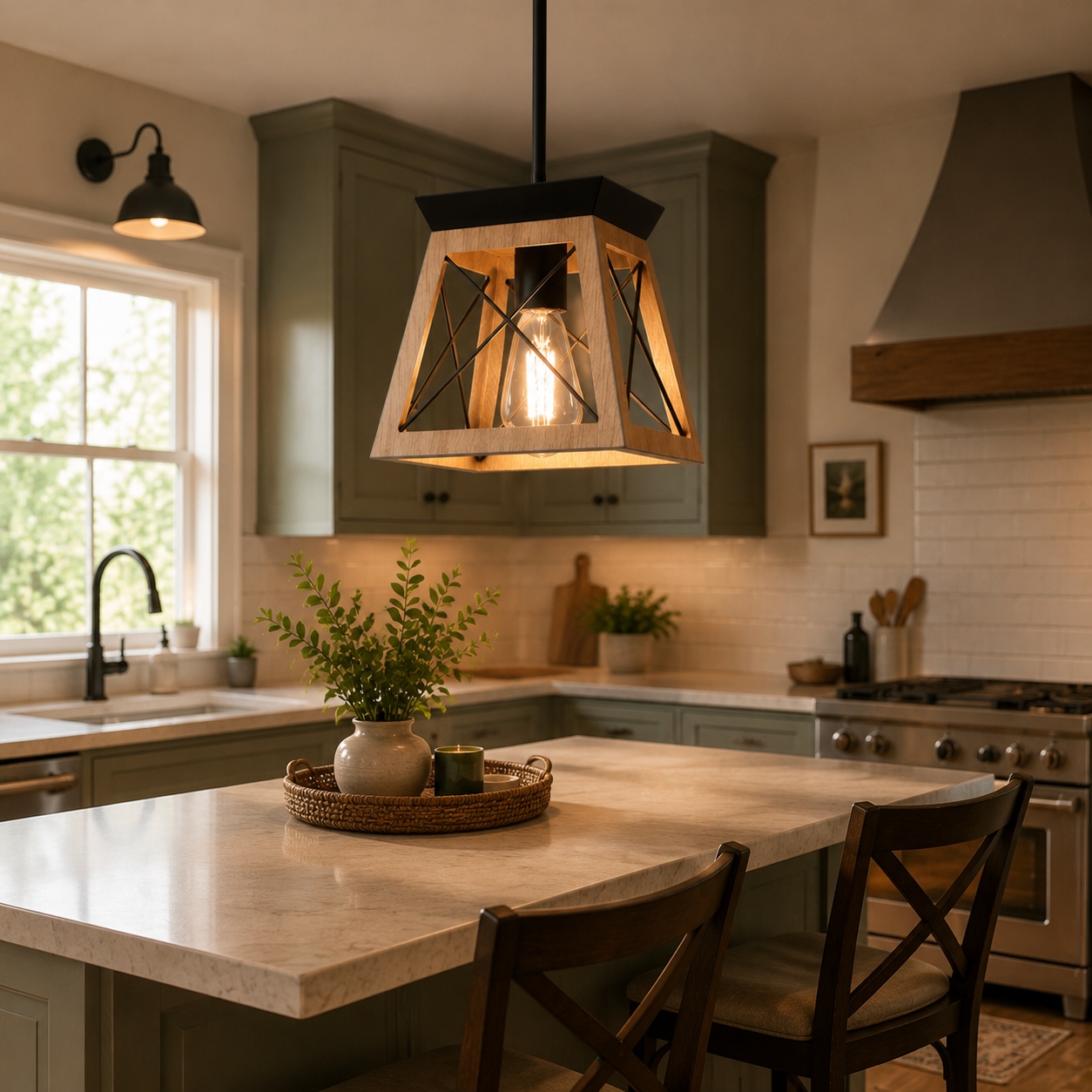 YANSUN 1-Light Rustic Industrial Pendant Light with Dark Wood Grain Finish Iron Rod Hanging Ceiling Fixture
