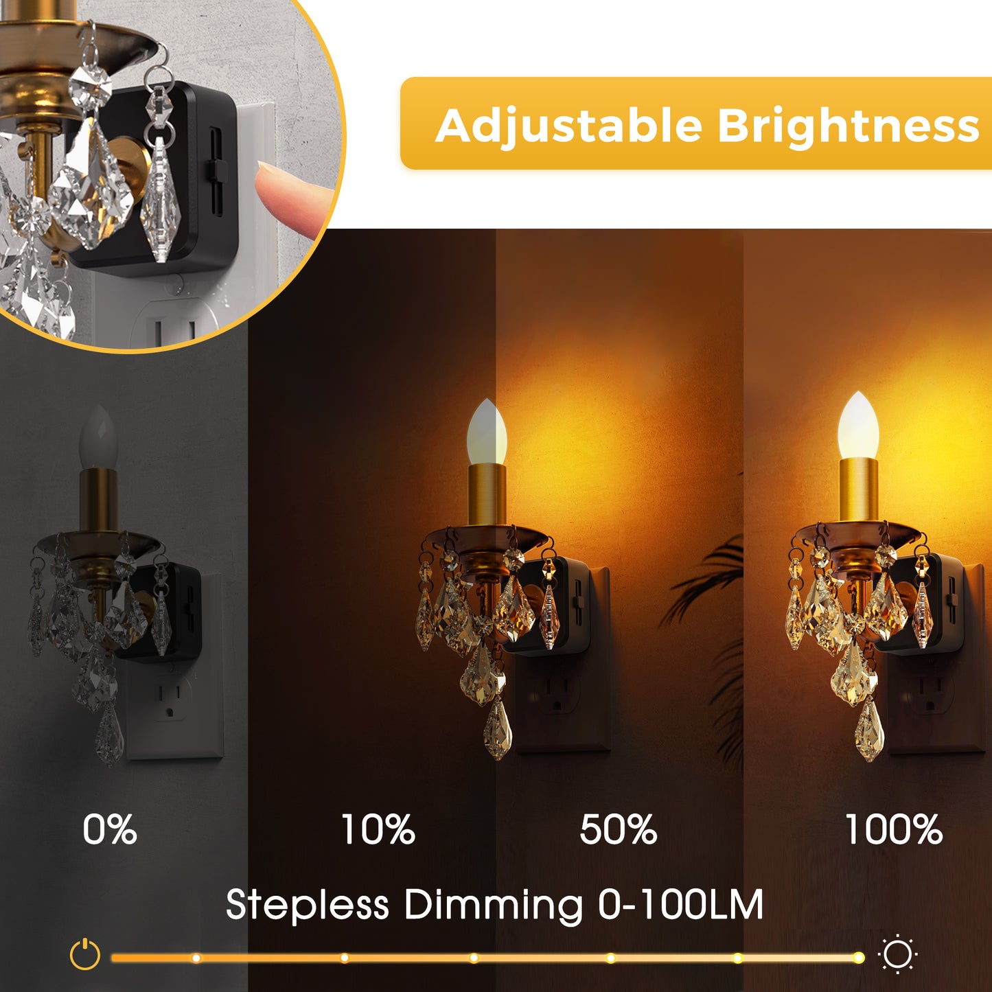 YANSUN 1W Plug-in Night Light with Amber 1600K, Dusk to Dawn Sensor, Slide Dimmer, Crystal Pendant, E12 Style