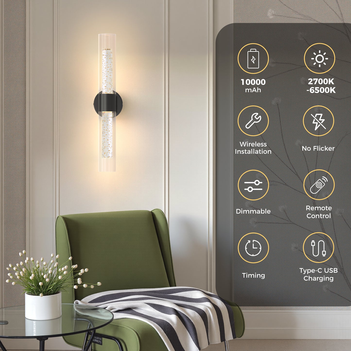 YANSUN 2-Pack Bubble Acrylic Black LED Wall Sconce Remote Control Remote Timer Dimmable Wall Light for Living Room Hallway