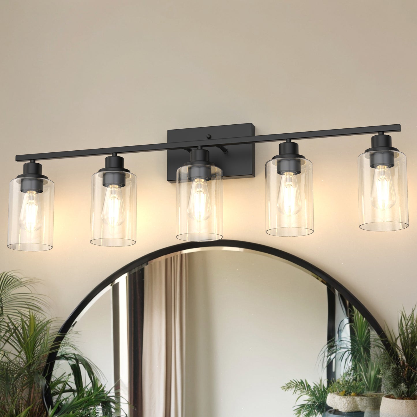 YANSUN 35.4 in. 5 Light Matte Black Vanity Light with Clear Cylinder Glass Shades for Industrial Bathroom Use