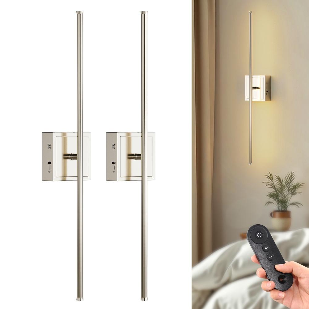 YANSUN 2-Pack LED Indoor Wall Sconce Brushed Nickel Linear Wall Light Remote Control Dimmable 3000K Warm White Modern Fixture