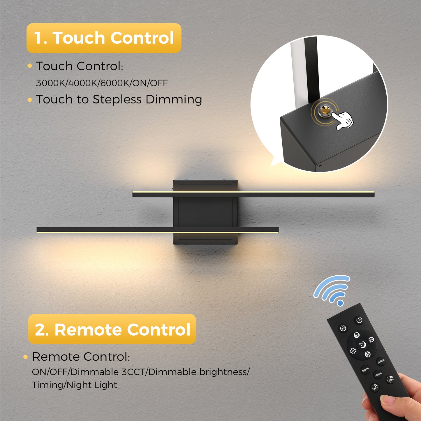 YANSUN 24 in. 2-Pack Linear Black LED Wall Sconce Dimmable Wall Light for Living Room Hallway