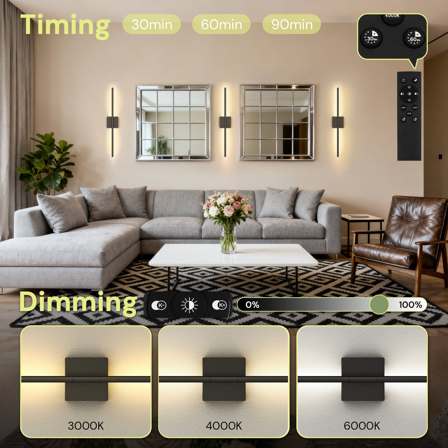 YANSUN 28.3 in. 2-Pack 2-Light Black LED Wall Sconce, Indoor Modern Strip Lights with Remote, Dimmable 3-Color Night Light