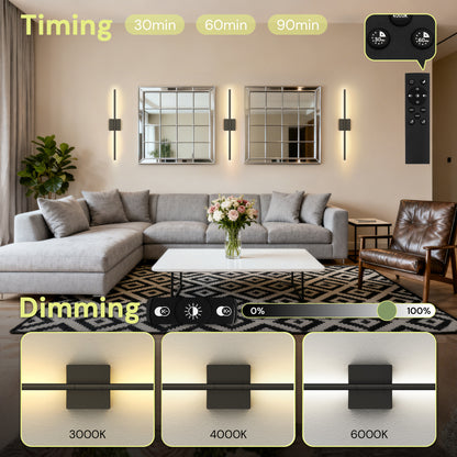 YANSUN 28.3 in. 2-Pack 2-Light Black LED Wall Sconce, Indoor Modern Strip Lights with Remote, Dimmable 3-Color Night Light