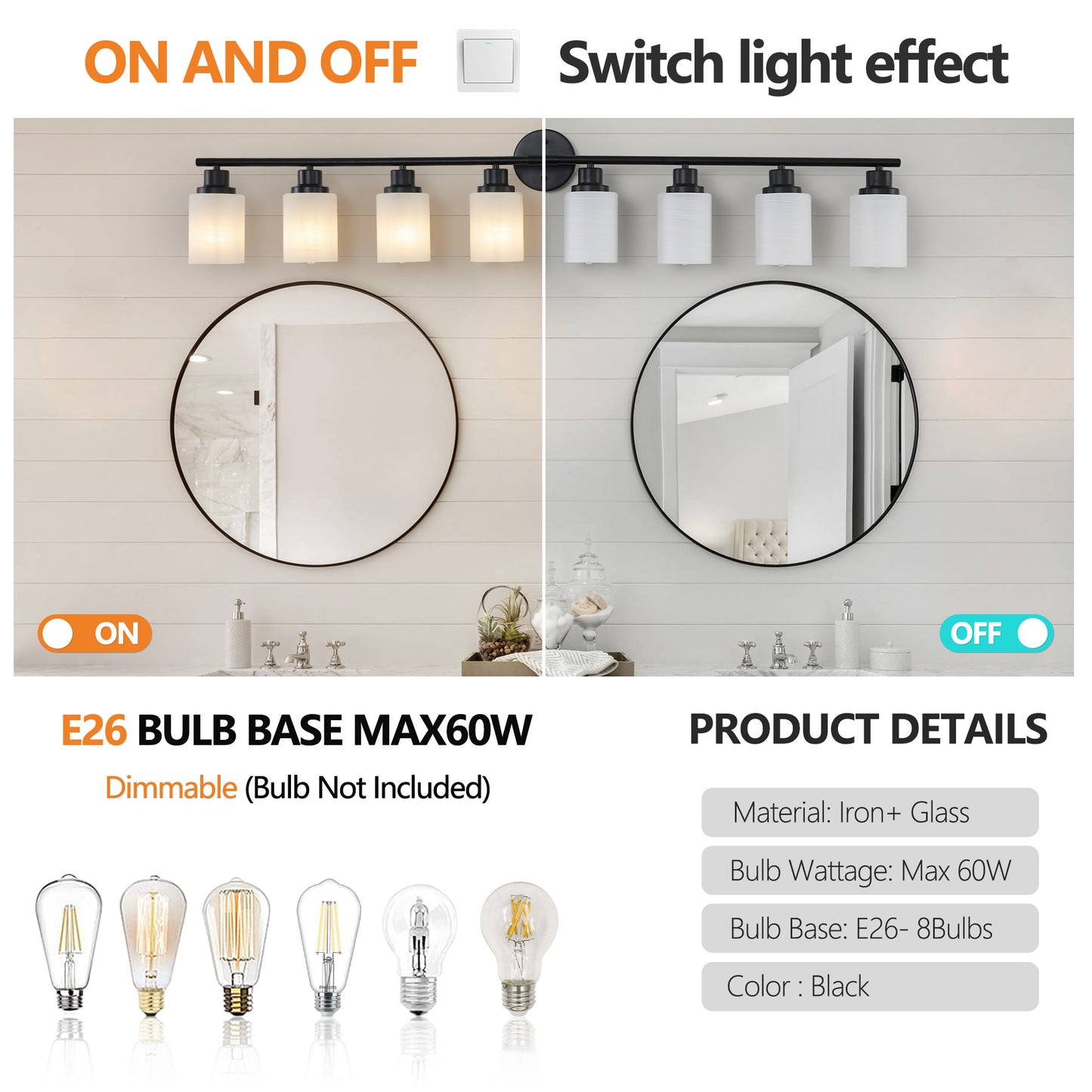 YANSUN Black & White Modern Bathroom Vanity Light, 8-Light Wall Sconce, Iron & Frosted Glass, E26 Base, Hard-Wired (Bulbs Not Included)