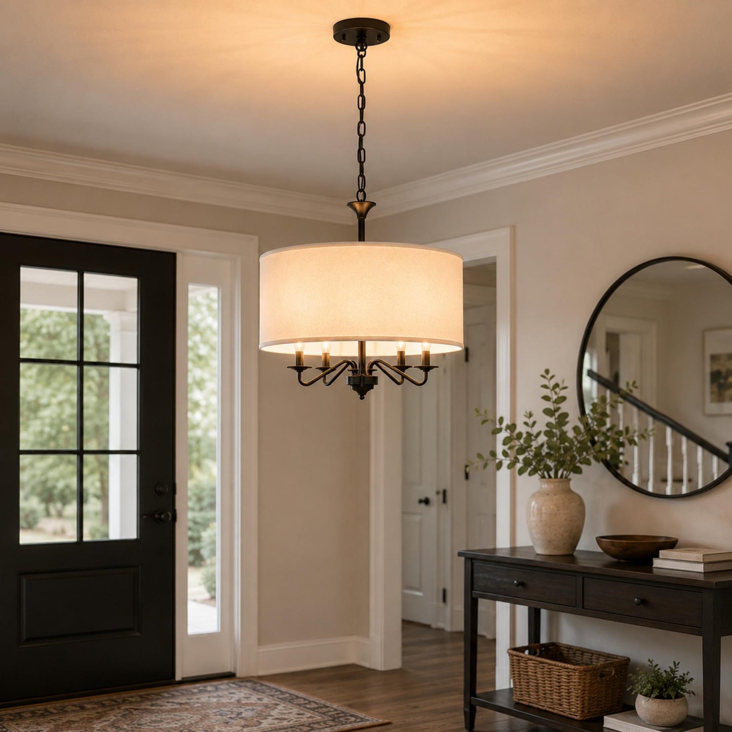 YANSUN 19.7 in. 5-Light KD-Style Chandelier, Black Modern Chandelier with White Shades, Curved Arms, E12 Socket