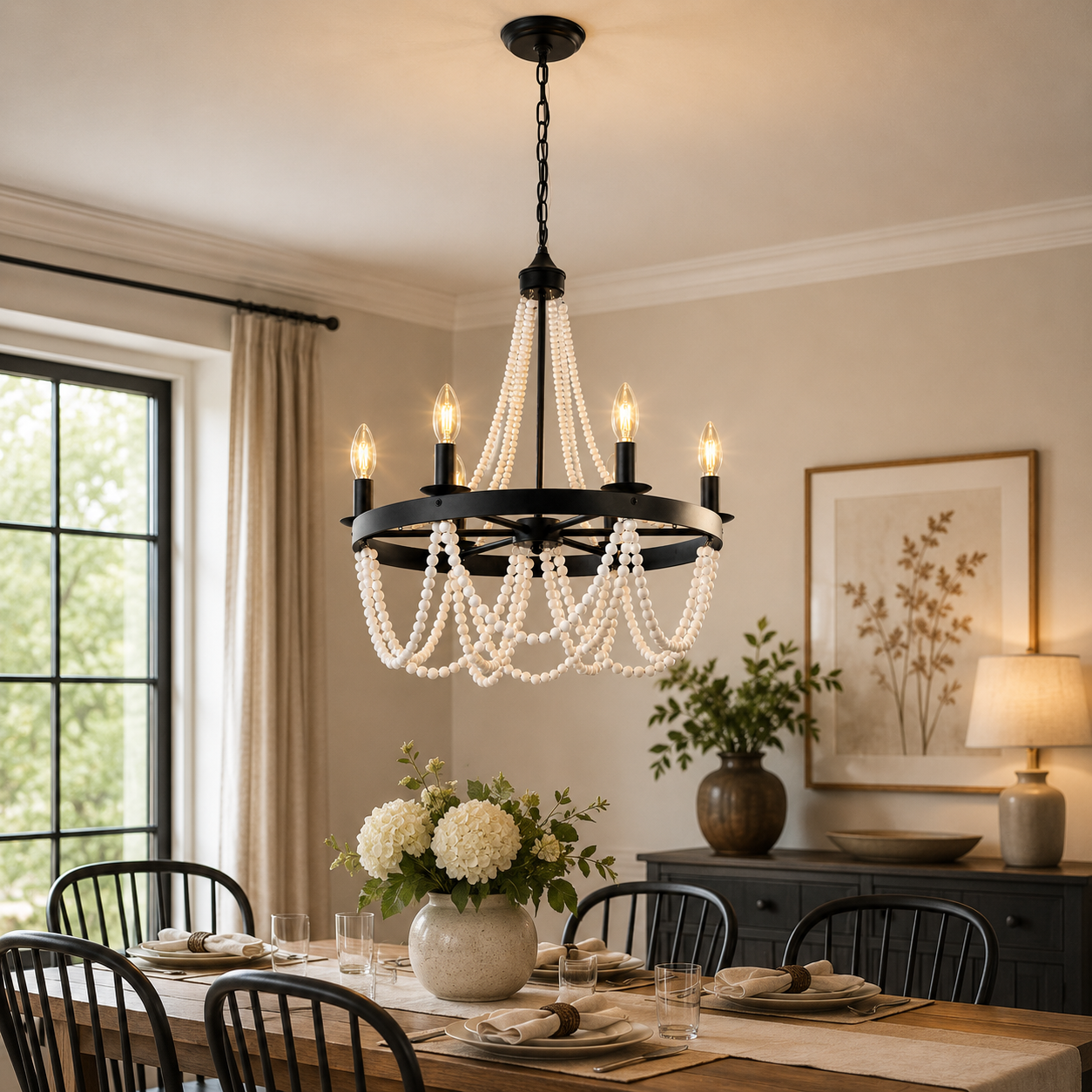 YANSUN 6-Light Farmhouse Beaded Chandelier Matte Black Ceiling Light with White Wood Beads E12 Hanging Fixture for Dining Room Living Room Bedroom