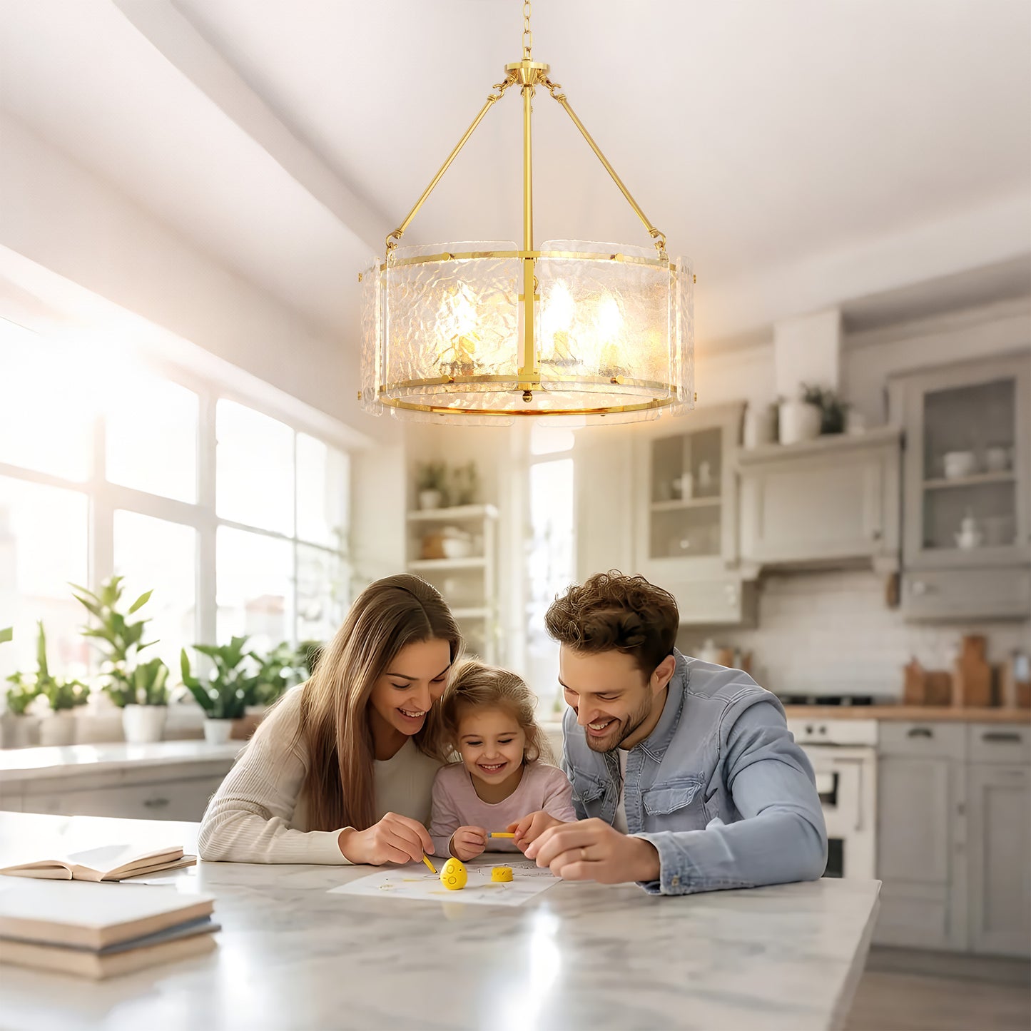 YANSUN 21 in. 5-Light Gold Modern Glass Drum Chandeliers, Dining Room Light Pendant Light Fixtures Over Table