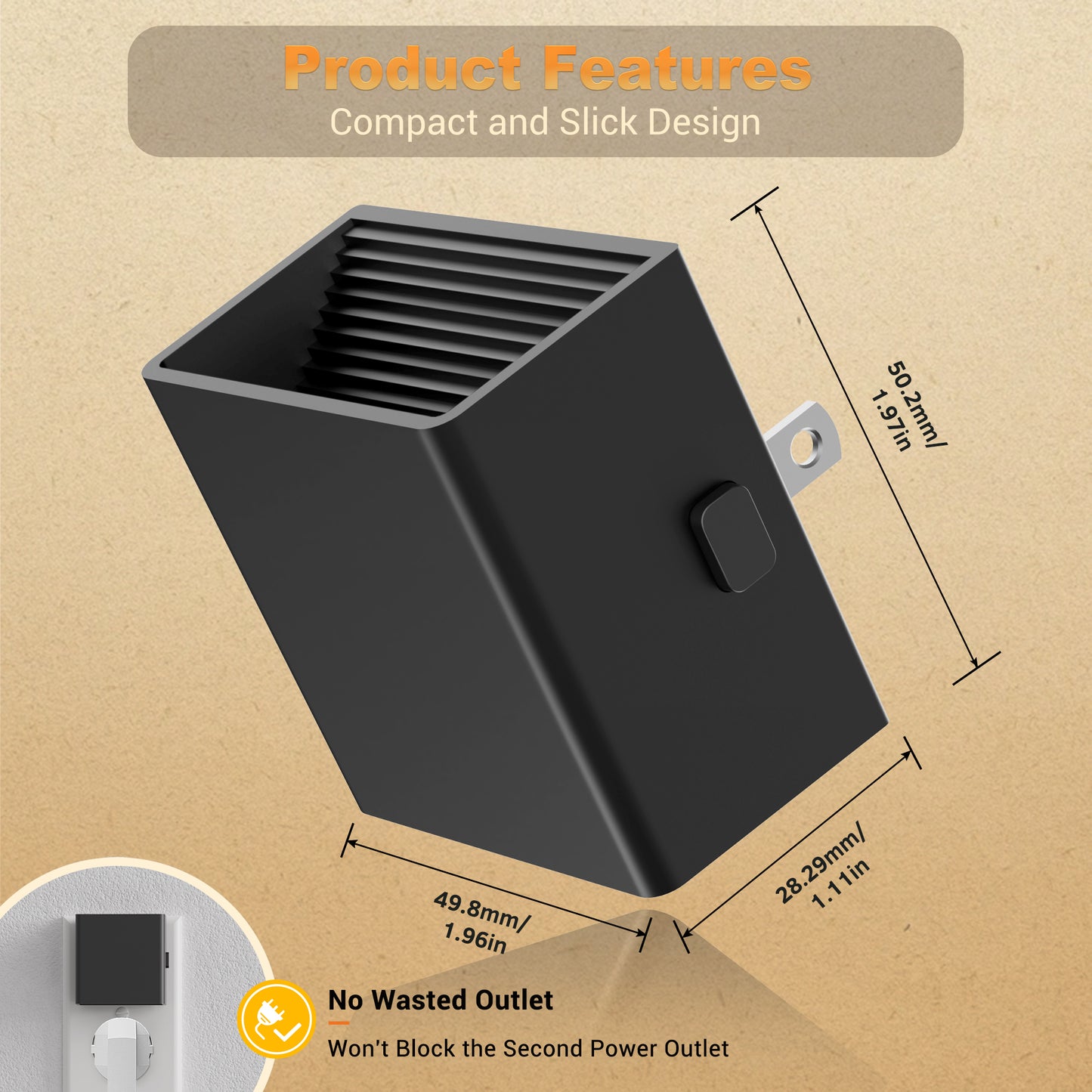 YANSUN 2-Pack 1W Plug-In Square Wall Sconce-Style Night Lights, 3000K Warm Glow, 3-Level Dimming, Light Sensing, Black