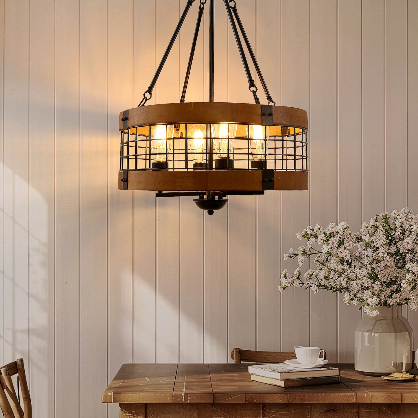 YANSUN 4-Light Matte Black Brown Drum Chandelier Industrial Metal Mesh Pendant Light Fixture E26