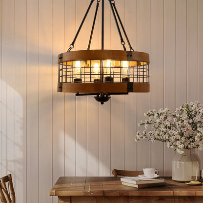 YANSUN 4-Light Matte Black Brown Drum Chandelier Industrial Metal Mesh Pendant Light Fixture E26