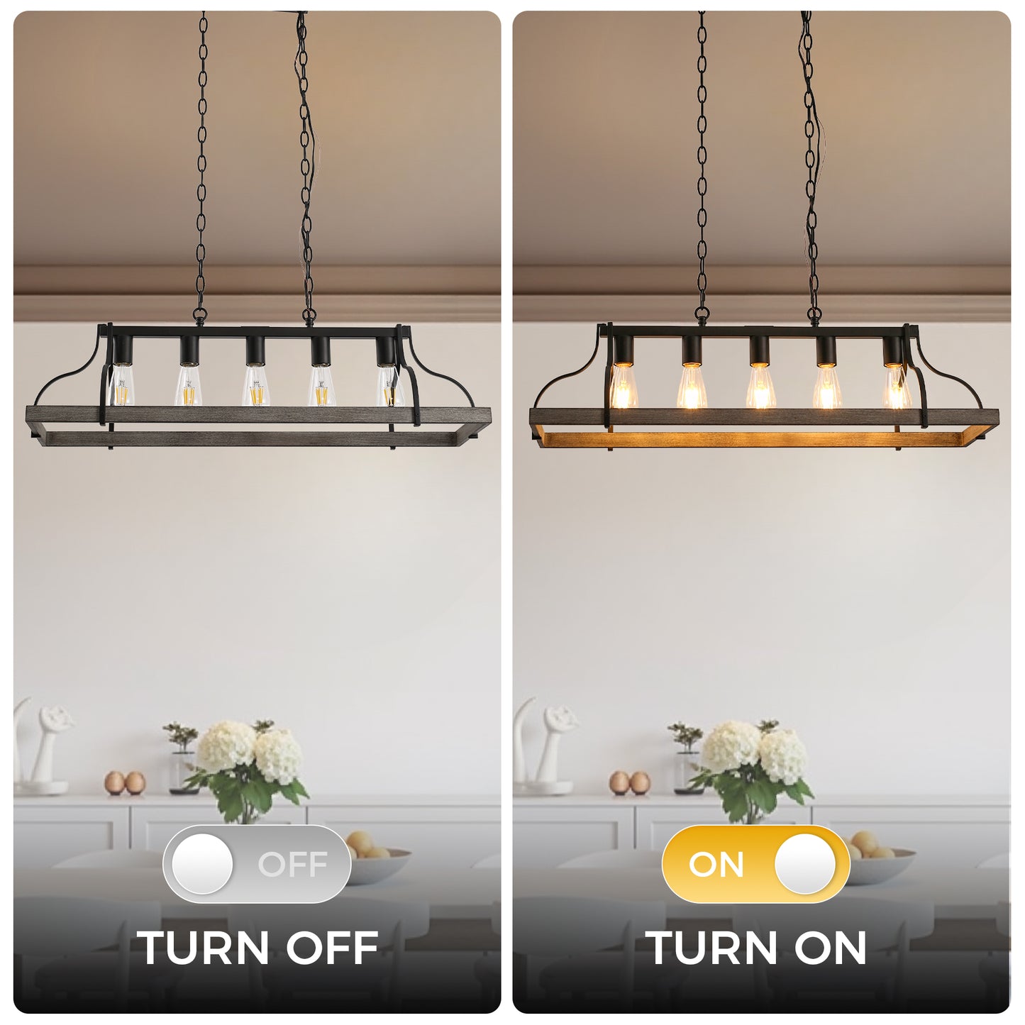 YANSUN 5-Lights Rustic Wood Gray Chandelier Kitchen Island Pendant Light with E26 Base for Kitchen Dining Room No Bulb Included