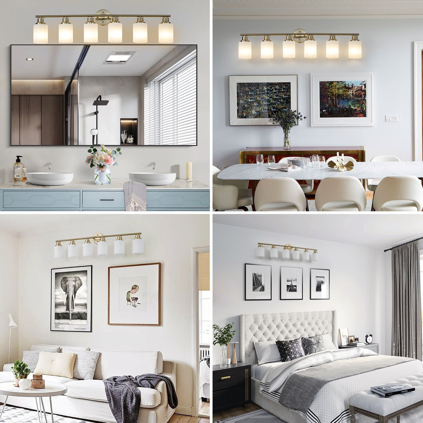 YANSUN Golden Modern Minimalist Bathroom Vanity Light, 6-Light Wall Sconce, Iron & Glass, E26 Base, Hard-Wired (Bulbs Not Included)