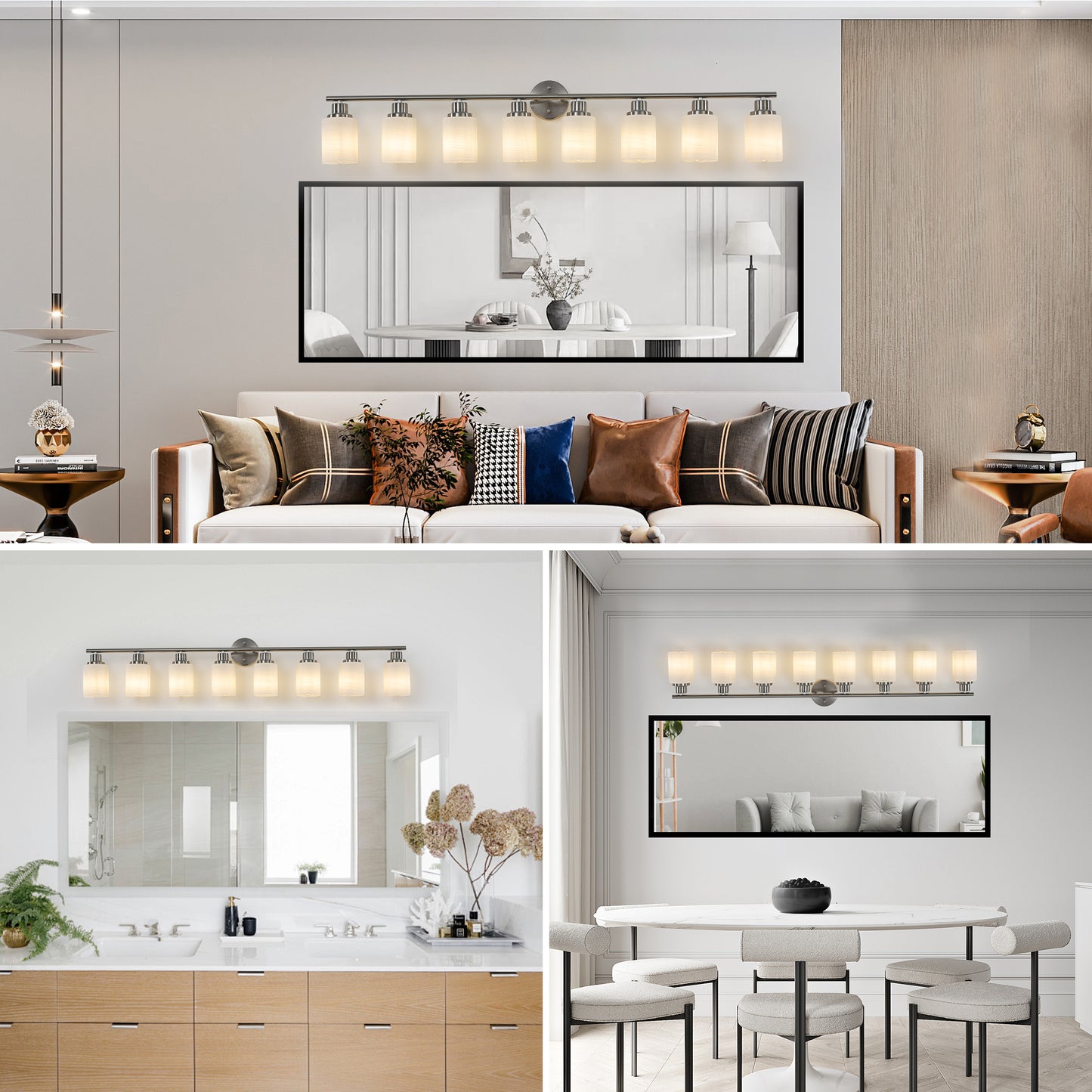 YANSUN Modern 8-Light Vanity Wall Sconce, Brushed Nickel Finish with Frosted Glass Shades for Bathroom or Hallway Lighting (No Bulbs)