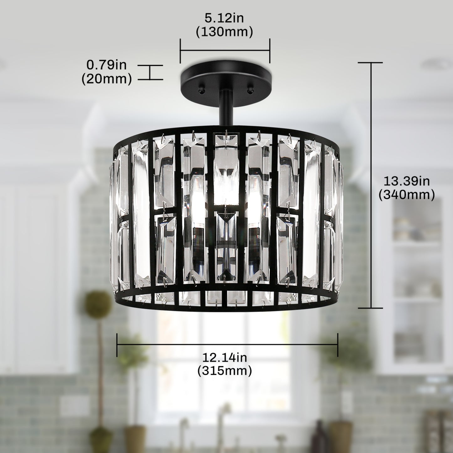 YANSUN 12.4 in. 3-Light Matte Black Semi-Flush Mount Ceiling Light with Crystal Details, E12 Base, for Living room, Bedroom