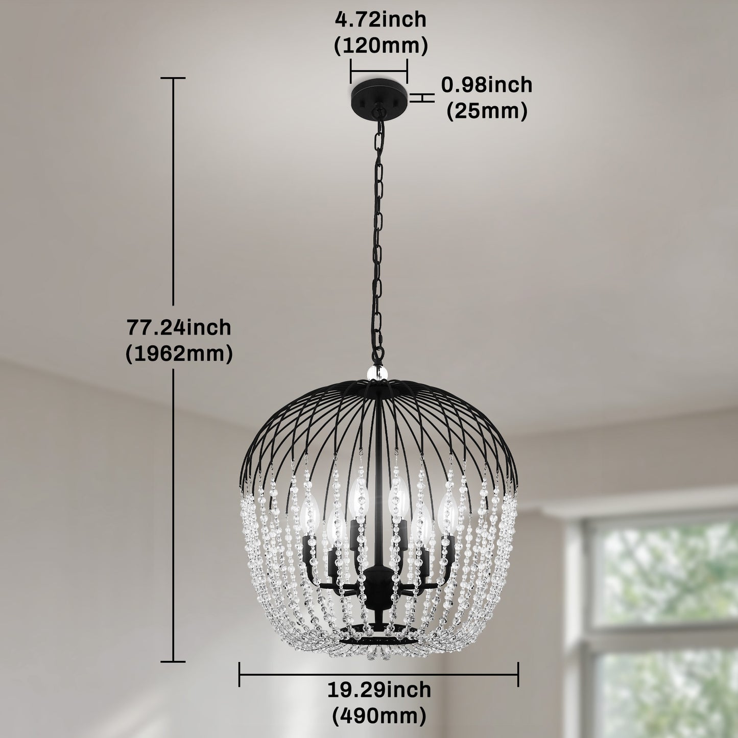 YANSUN 6-Light Black Crystal Pendant Light, Modern Statement Chandelier with E12 Base for Living Room or Dining Room