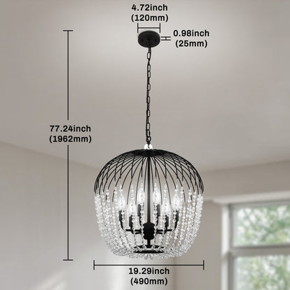 YANSUN 6-Light Black Crystal Pendant Light, Modern Statement Chandelier with E12 Base for Living Room or Dining Room