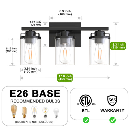 YANSUN 18 in. 3-Light Black Vanity Light with Cylinder Clear Glass Shade for Bathrooms Powder Rooms or Dressing Rooms