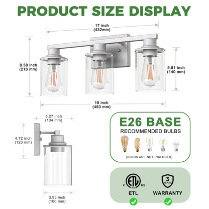 YANSUN 3-Light Vanity Mirror Light, 17-Inch Length, Hand-Finished White Rustic Finish, ETL Certified, E26 Sockets
