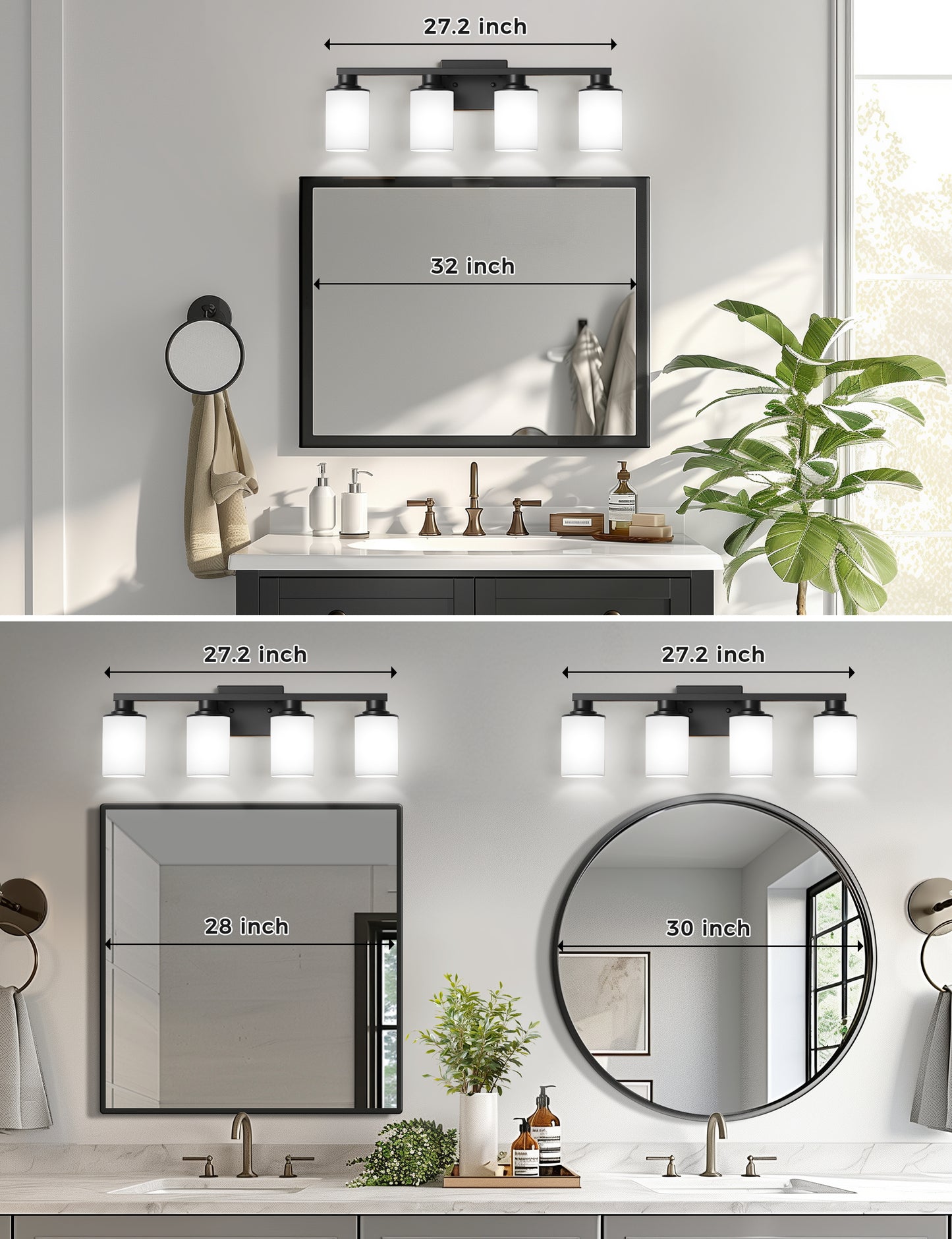YANSUN 27 in. 4-Light Matte Black Cylinder Glass Shade Vanity Light with Dimmable for Bathroom No Bulbs Included