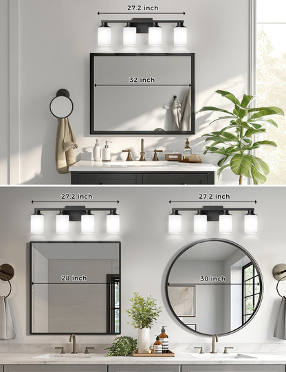YANSUN 27 in. 4-Light Matte Black Cylinder Glass Shade Vanity Light with Dimmable for Bathroom No Bulbs Included