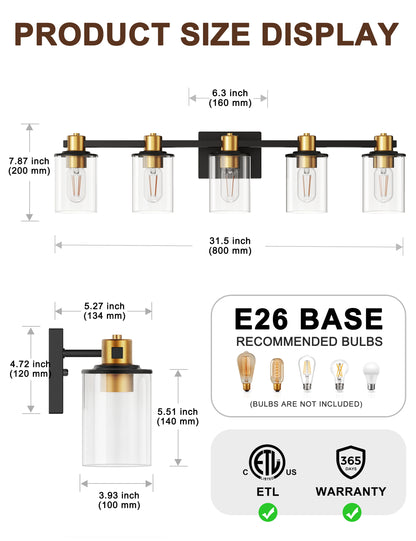 YANSUN 32 in. 5-Light Black Gold Vanity Light for Bathroom with Clear Glass Shade Wall Sconce