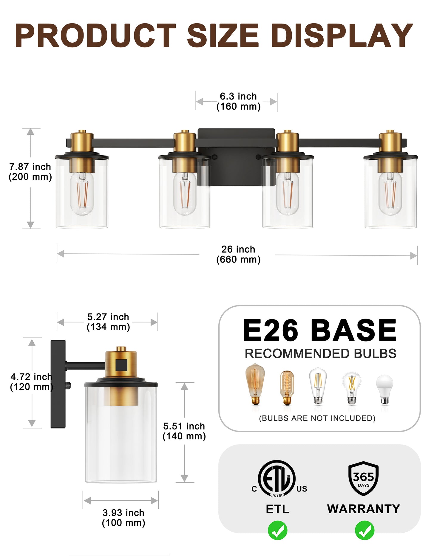 YANSUN 26 in. 4-Light Black and Gold Bathroom Vanity Light with Clear Glass Shades, E26 Wall Sconce Fixture