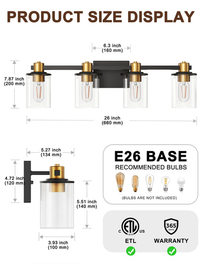 YANSUN 26 in. 4-Light Black and Gold Bathroom Vanity Light with Clear Glass Shades, E26 Wall Sconce Fixture